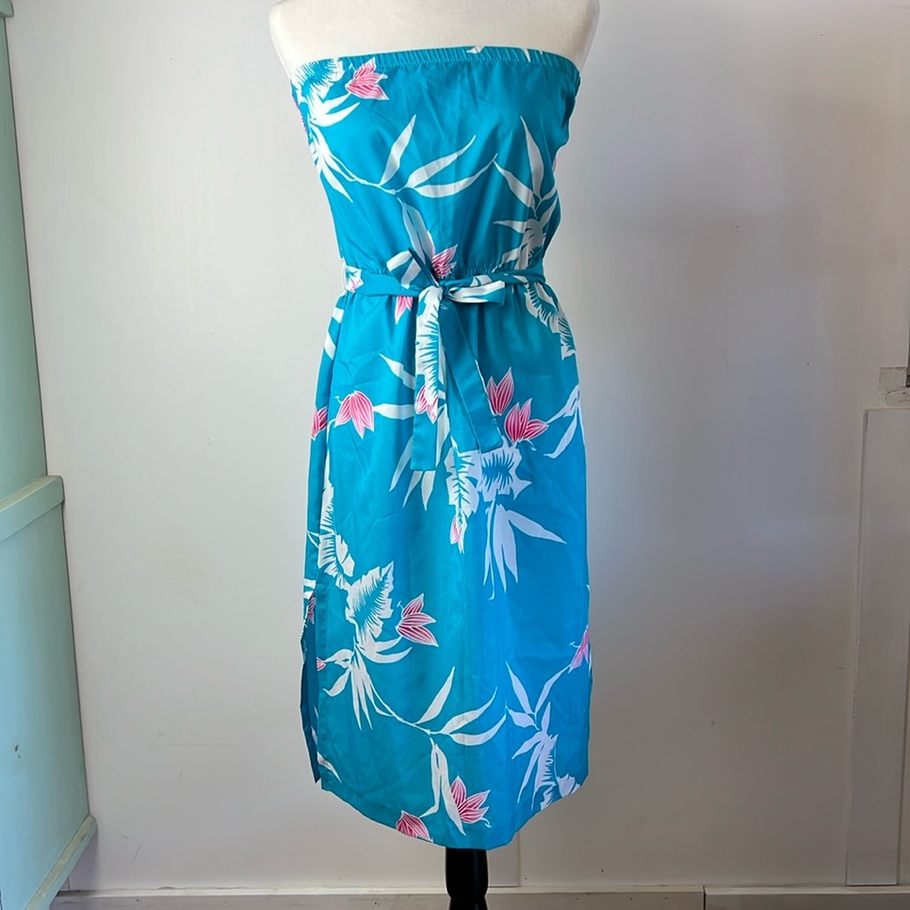 HILO HATTIE Vintage Hawaiian Blue Strapless Floral Tropical Summer Dress
